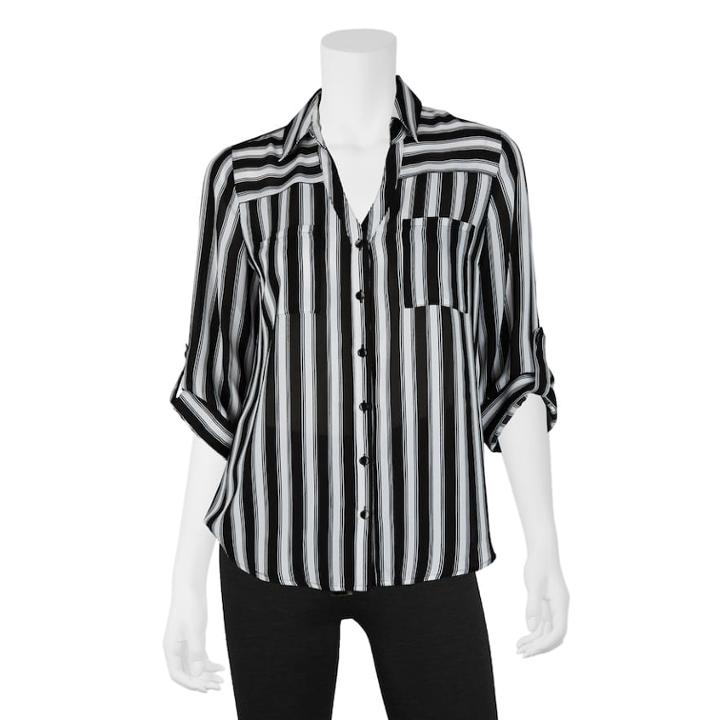 Juniors' Iz Byer Roll-tab Shirt, Teens, Size: Xs, Black White Stripe
