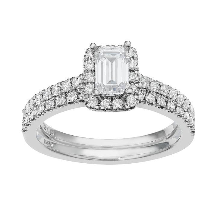 14k White Gold 1 Carat T.w. Igl Certified Diamond Tiered Rectangle Engagement Ring Set, Women's, Size: 8