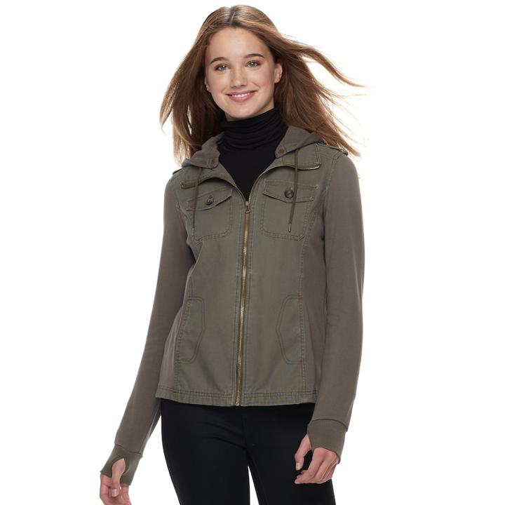 Juniors' Sebby Twill & Knit Sleeve Jacket, Teens, Size: Large, Dark Green