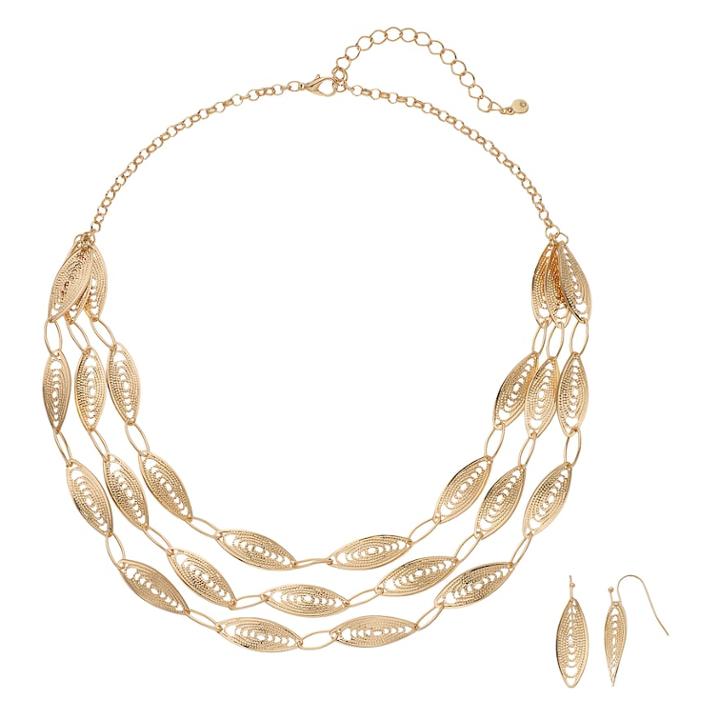 Gold Tone Filigree Necklace & Earrings Set, Women's