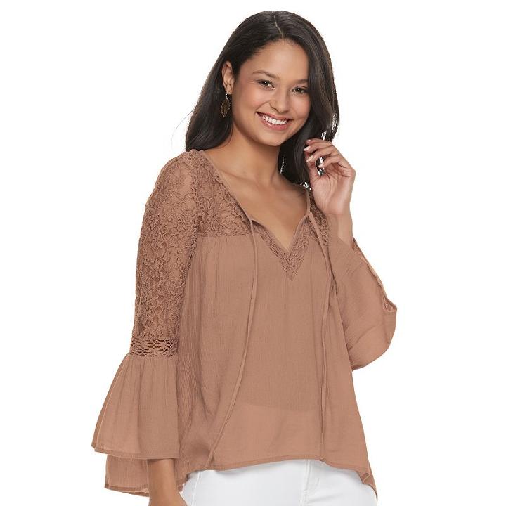 Juniors' Mudd&reg; Lace Sleeve Peasant Top, Teens, Size: Xl, Brown