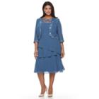 Plus Size Le Bos Embroidered Tiered Evening Dress & Jacket Set, Women's, Size: 16 W, Med Blue