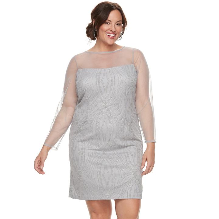 Plus Size Maya Brooke Beaded Sheer Dress, Women's, Size: 14 W, Silver