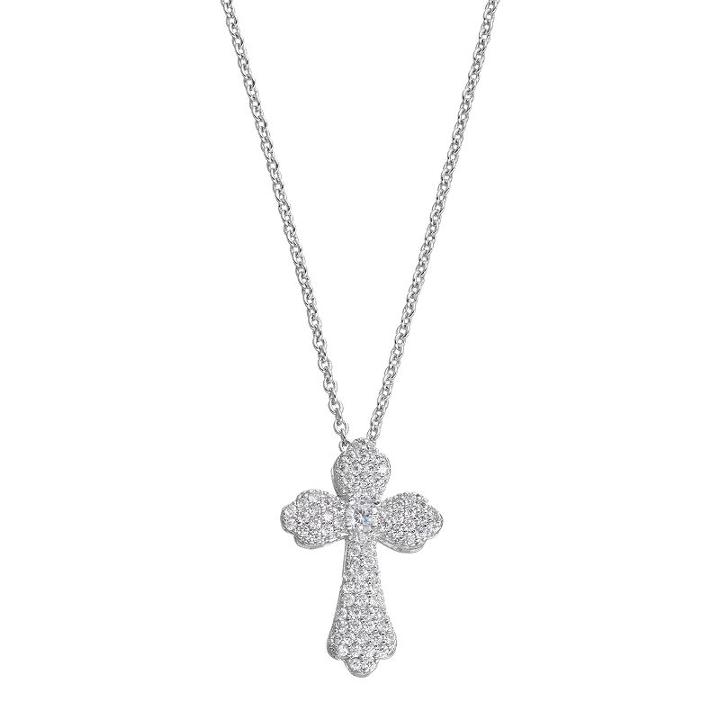 Fleur Cubic Zirconia Quatrefoil Cross Pendant Necklace, Women's, Grey