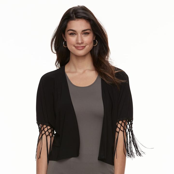 Women's Nina Leonard Fringe-sleeve Bolero, Size: Medium, Black