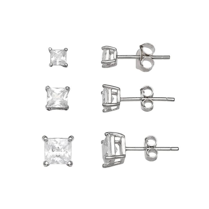 Primrose Sterling Silver 3-pair Square Cubic Zirconia Stud Earring Set, Women's, White