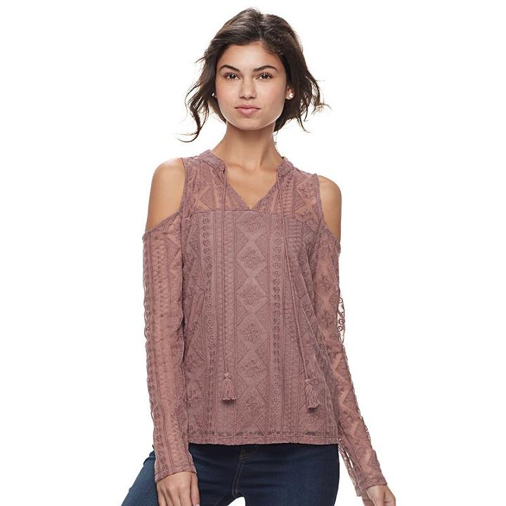 Juniors' Mudd&reg; Illusion Lace Cold-shoulder Top, Teens, Size: Large, Beig/green (beig/khaki)