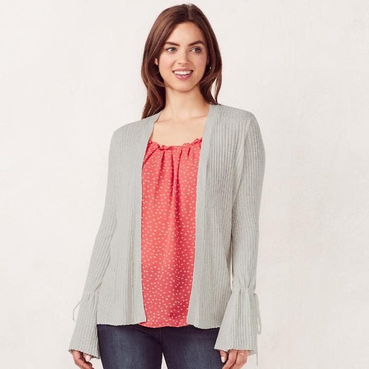 Women's Lc Lauren Conrad Love, Lauren Ribbed Cardigan, Size: Large, Light Grey