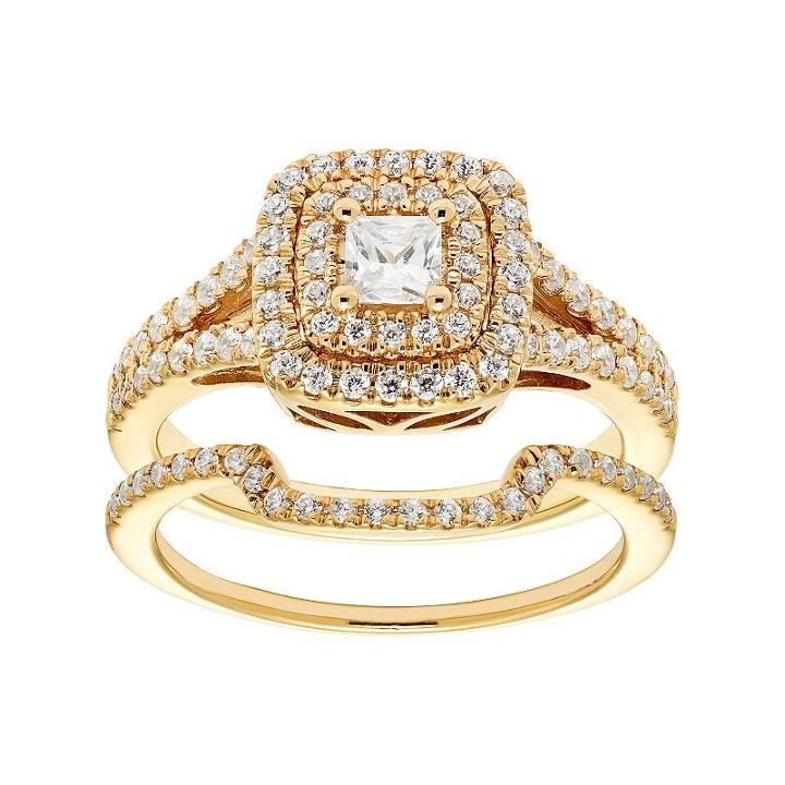 14k Gold 1 Carat T.w. Igl Certified Diamond Square Halo Engagement Ring Set, Women's, Size: 8.50, White