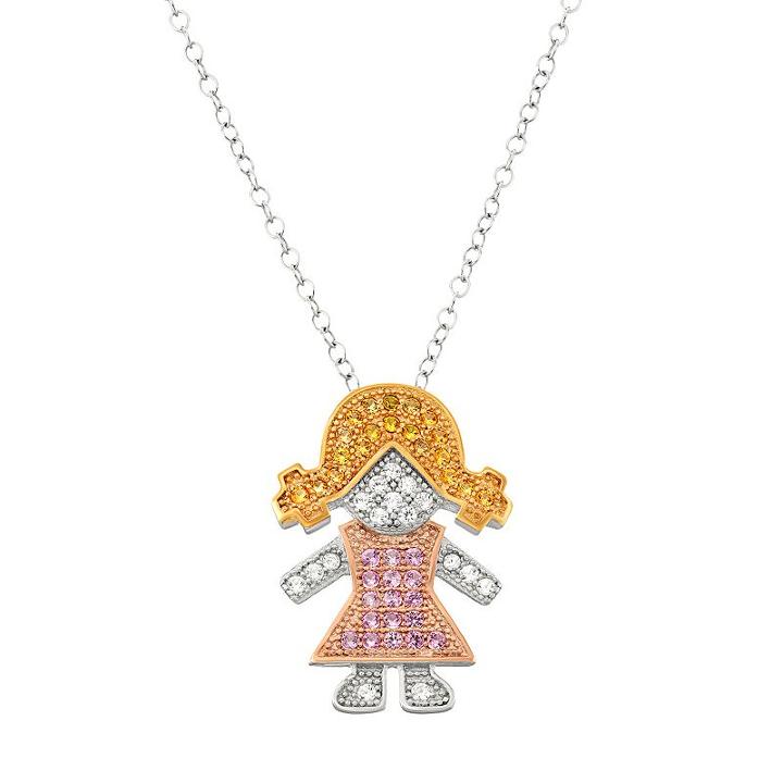 Tri-tone Sterling Silver Lab-created Sapphire Girl Pendant Necklace, Size: 18, Pink