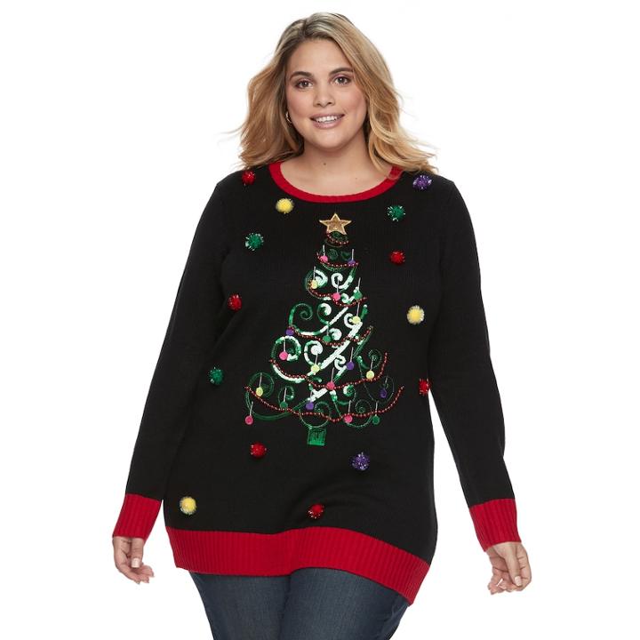 Plus Size Fashion Avenue Us Sweaters Applique Ugly Christmas Sweater Tunic, Women's, Size: 2xl, Black