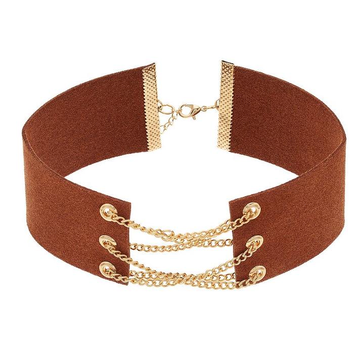 Brown Faux Suede Crisscross Chain Choker Necklace, Women's, Rust/coppr