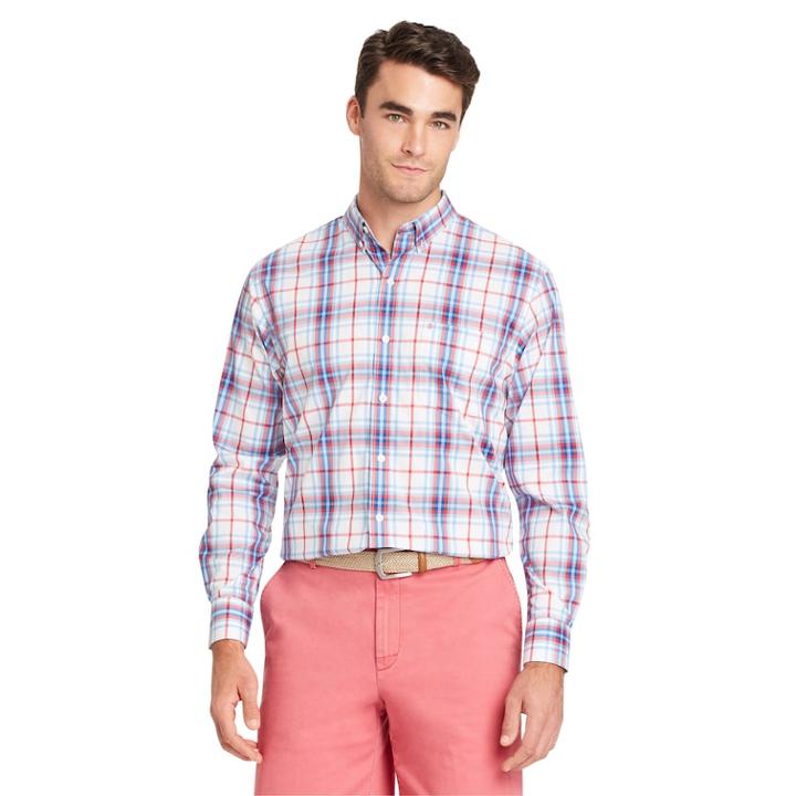 Men's Izod Classic-fit Essential Plaid Woven Button-down Shirt, Size: Xl, Dark Red