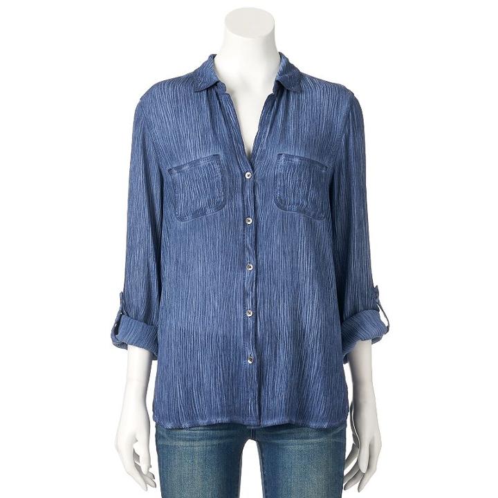 Women's Rock & Republic&reg; Crinkle Challis Shirt, Size: Xs, Blue (navy)