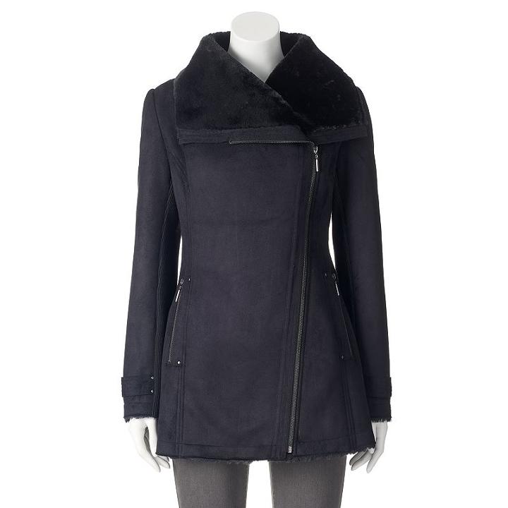 Women's Weathercast Asymmetrical Faux-shearling Jacket, Size: Xl, Black