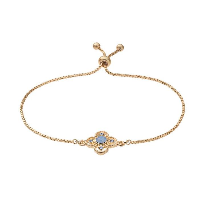 14k Gold Plated Crystal Flower Bolo Bracelet, Women's, Blue