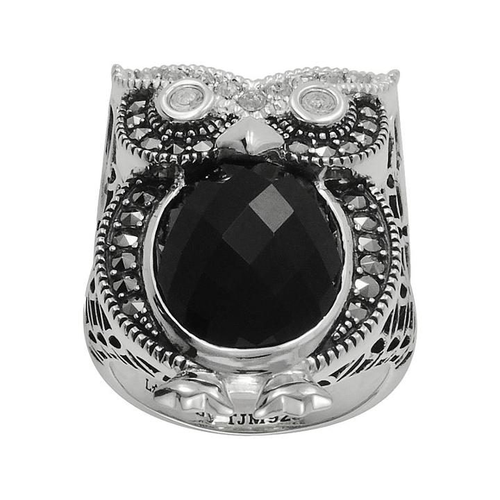 Lavish By Tjm Sterling Silver Onyx And Crystal Owl Ring - Made With Swarovski Marcasite, Women's, Size: 8, Black