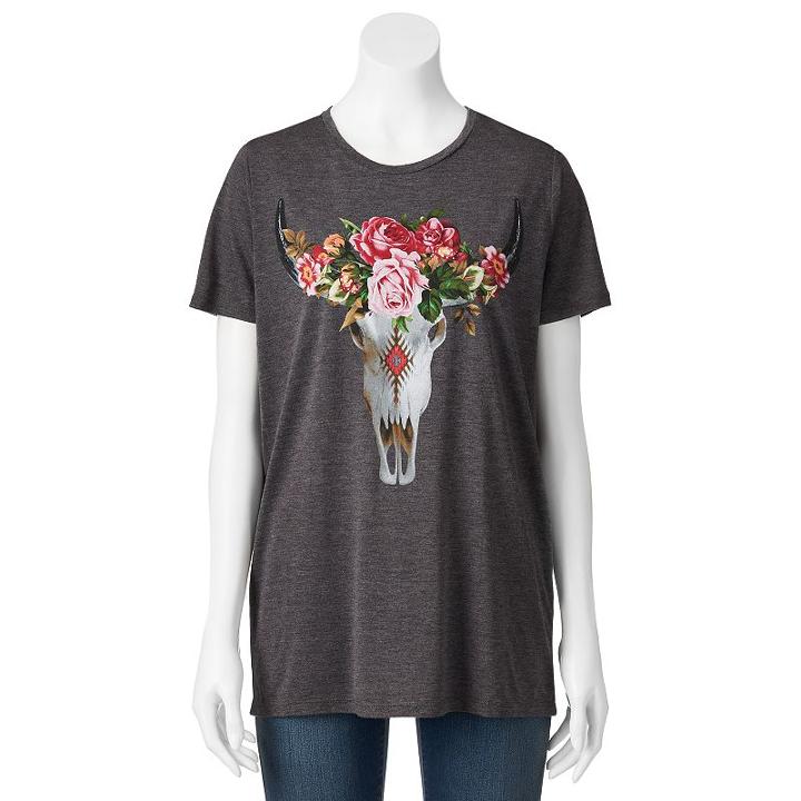 Juniors' Floral Cow Skull Graphic Tee, Girl's, Size: Large, Grey (charcoal)