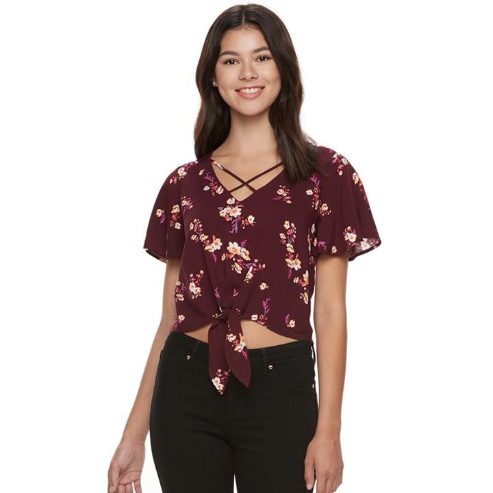 Juniors' Mudd&reg; Print Tie Front Top, Girl's, Size: Small, Dark Red