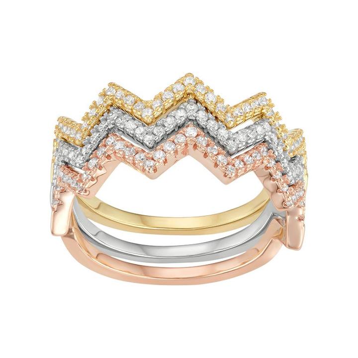 Cubic Zirconia Tri-tone Sterling Silver Zigzag Stack Ring Set, Women's, Size: 6, Multicolor