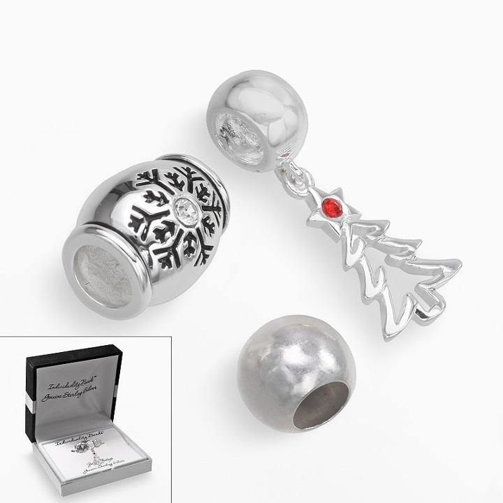 Individuality Beads Sterling Silver Crystal Snowflake And Spacer Bead And Christmas Tree Charm Set, Women's, White