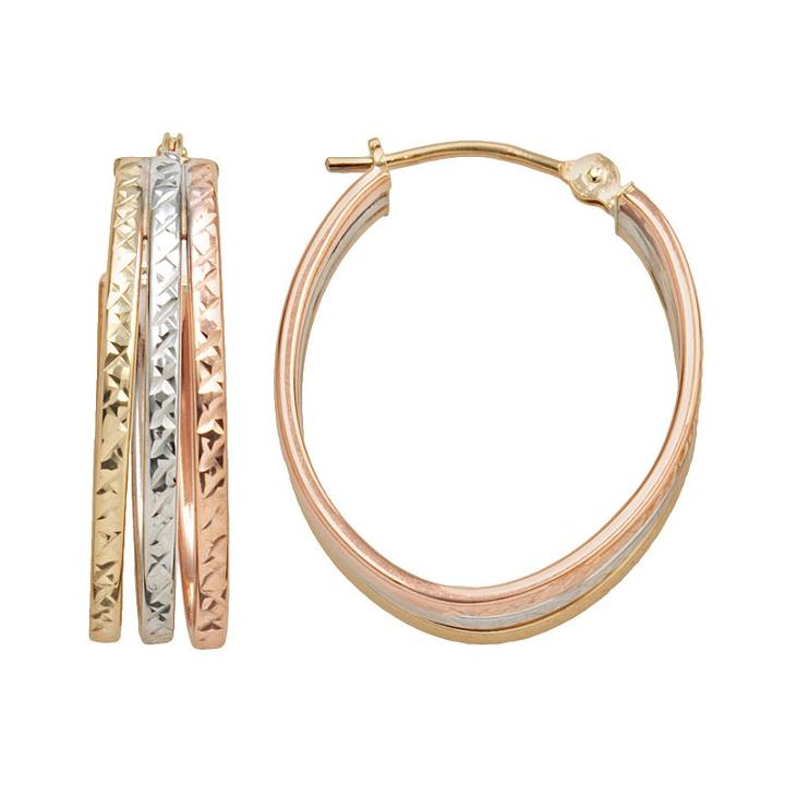 10k Gold Tri-tone Textured Oval Triple Hoop Earrings, Women's, Yellow