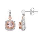 Two Tone Sterling Silver Simulated Morganite & Lab-created White Sapphire Cushion Halo Stud Earrings, Women's, Pink