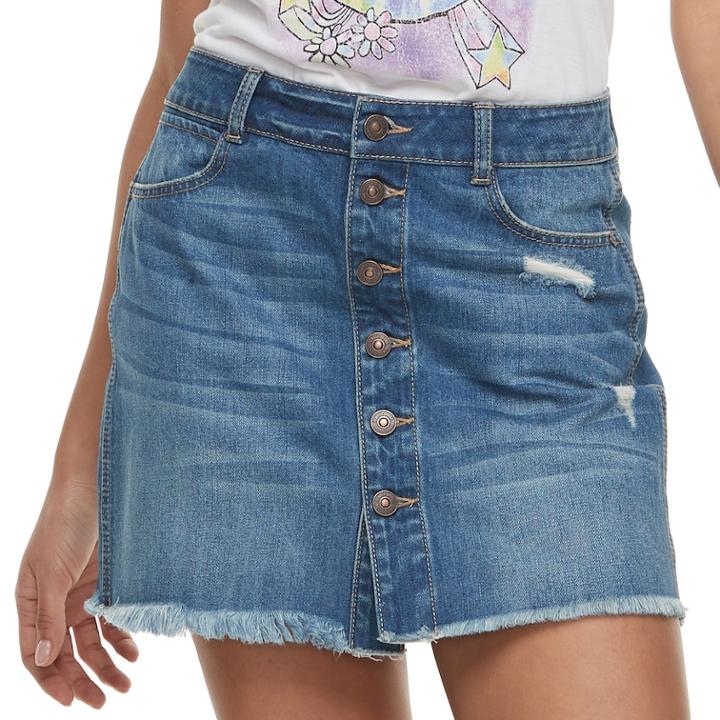 Juniors' Rewash Frayed Button-front Jean Mini Skirt, Teens, Size: 13, Blue