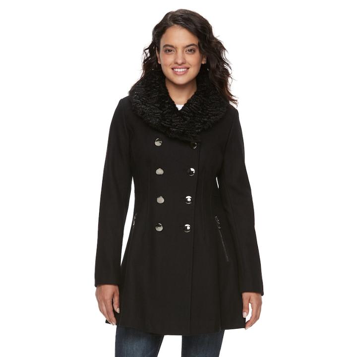 Women's Lnr Fashion Styles Wool Blend Faux-fur Collar Peacoat, Size: Small, Black