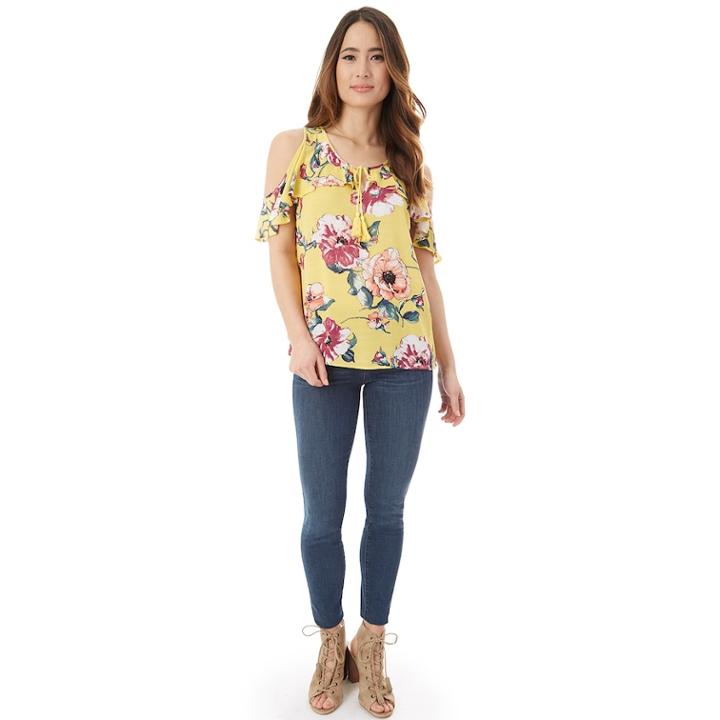 Juniors' Iz Byer Cold-shoulder Keyhole Top, Teens, Size: Small, Yellow Floral