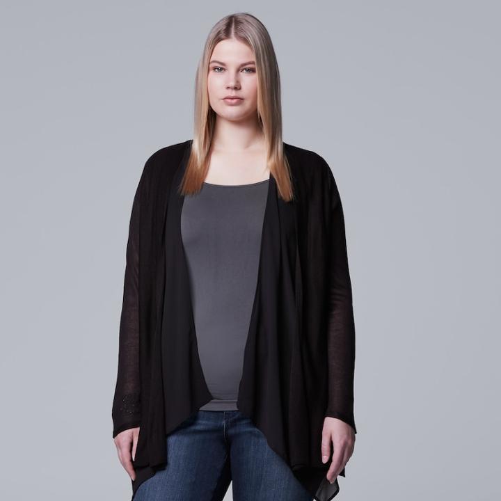 Plus Size Simply Vera Vera Wang Mixed-media Flyaway Cardigan, Women's, Size: 2xl, Black