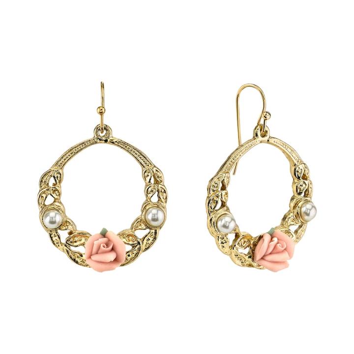 1928 Porcelain Rose Hoop Drop Earrings, Women's, Pink