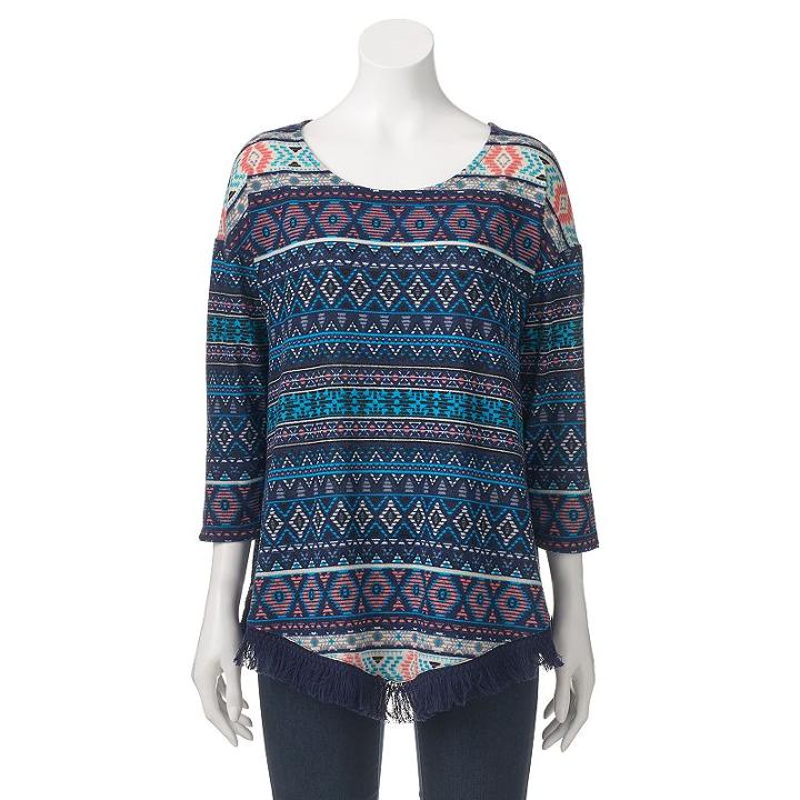 Women's Angels Print Fringe Top, Size: Xl, Blue (navy)