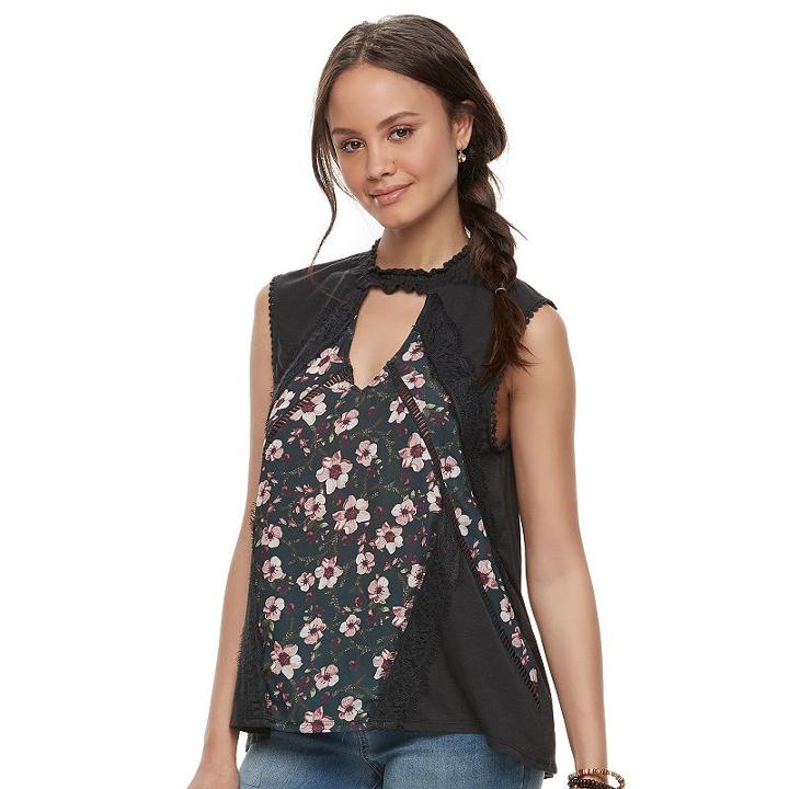 Juniors' Hint Of Mint Floral Choker Top, Teens, Size: Medium, Dark Grey