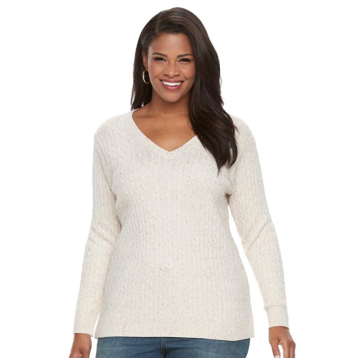 Plus Size Croft & Barrow&reg; Cable-knit V-neck Sweater, Women's, Size: 2xl, Med Beige