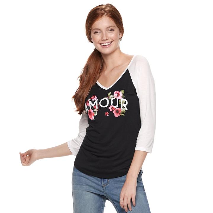 Juniors' Amour Rose Raglan Tee, Teens, Size: Medium, Grey (charcoal)