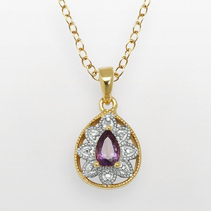 18k Gold Over Bronze And Silver-plated African Amethyst And Diamond Accent Teardrop Pendant, Women's, Purple