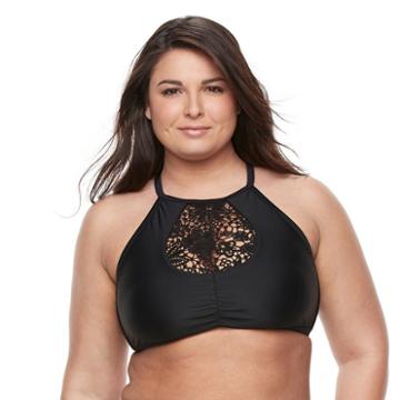 Plus Size Island Soul Crochet High-neck Halter Bikini Top, Women's, Size: 1xl, Black