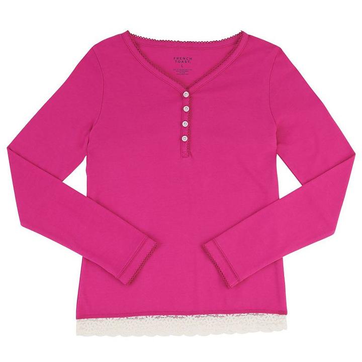 Girls 7-16 French Toast Scalloped Lace Henley, Girl's, Size: 14-16, Med Pink