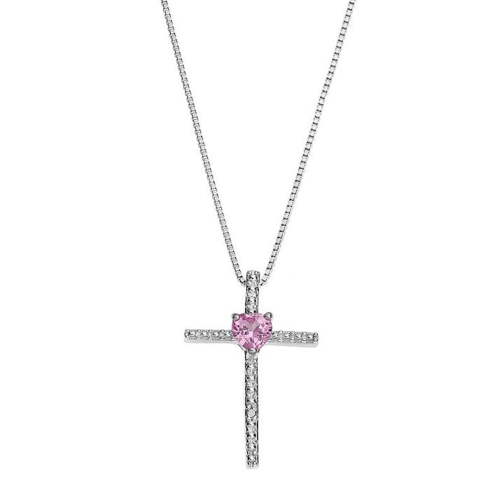 Sterling Silver Lab-created Pink Sapphire Cross Pendant Necklace, Women's, Size: 18