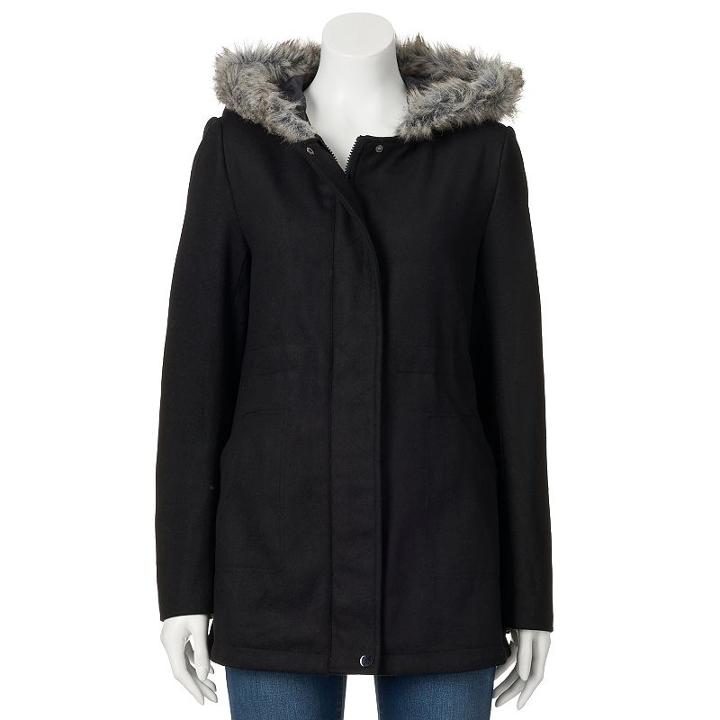 Women's Krush Hooded Faux-wool Anorak Jacket, Size: Large, Black