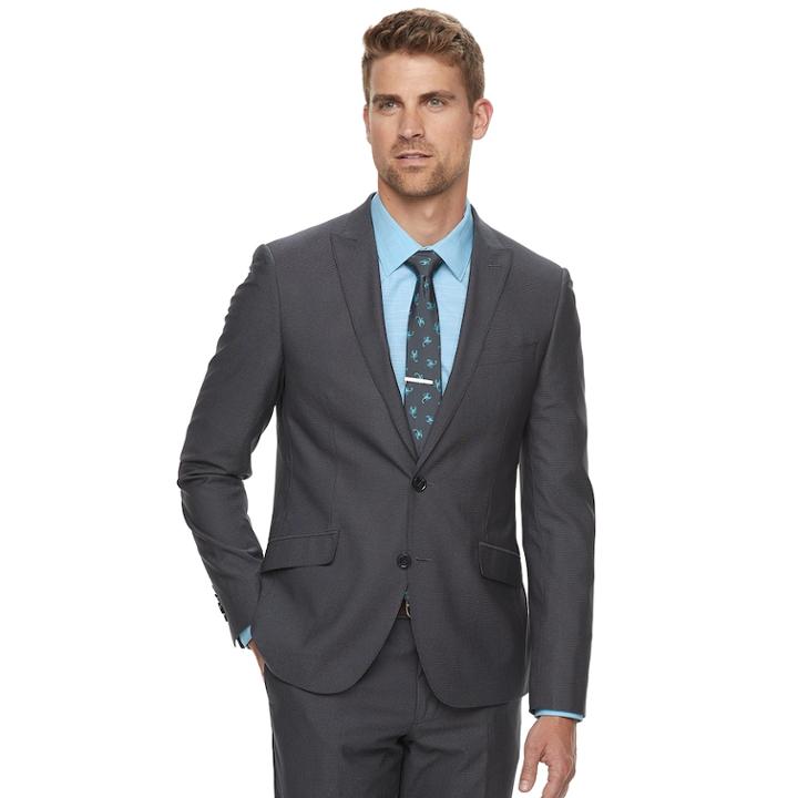 Men's Savile Row Slim-fit Textured Charcoal Suit Jacket, Size: 42 Short, Grey