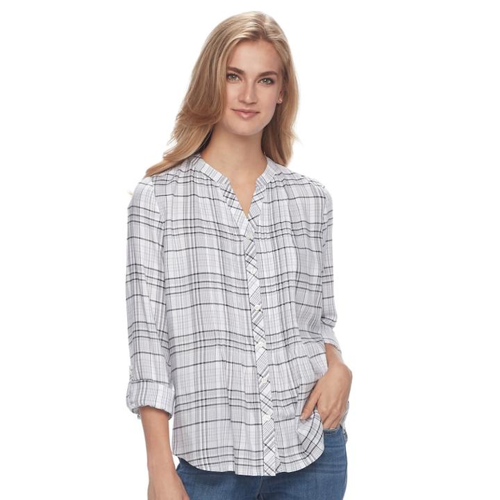 Women's Croft & Barrow&reg; Plaid Pintuck Shirt, Size: Xs, Light Grey
