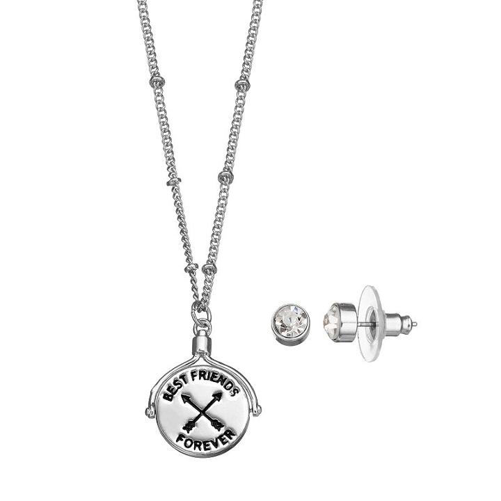 Best Friends Forever Spinning Pendant Necklace & Stud Earring Set, Women's, Silver