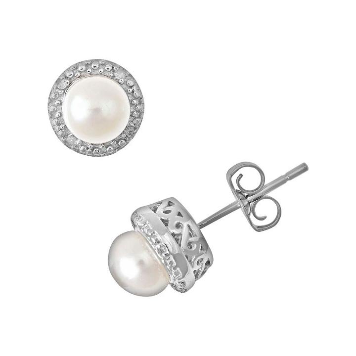Sterling Silver Freshwater Cultured Pearl And Diamond Accent Frame Stud Earrings, Women's, White