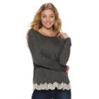 Juniors' Rewind Lace-up Back Crochet Trim Long Sleeve Tee, Teens, Size: Large, Grey