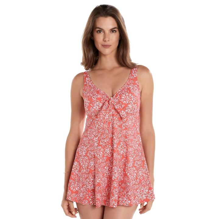 Women's Upstream Thigh Minimizer Bow-front Swimdress, Size: 14, Red