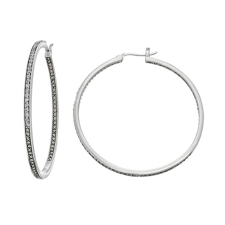 Lavish By Tjm Sterling Silver White Topaz & Marcasite Hoop Earrings, Women's, Grey