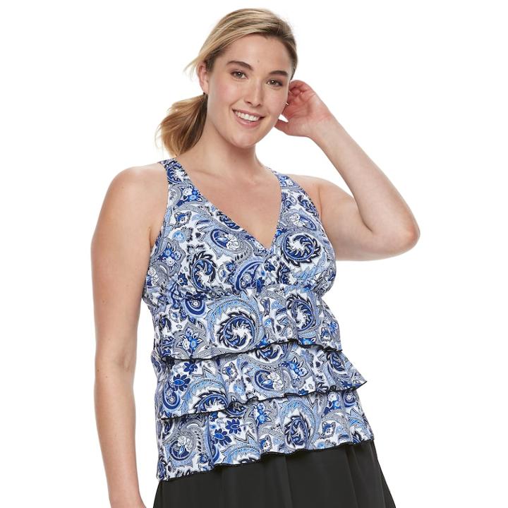 Plus Size A Shore Fit Tummy Slimmer Tiered Tankini Top, Women's, Size: 22 W, Blue