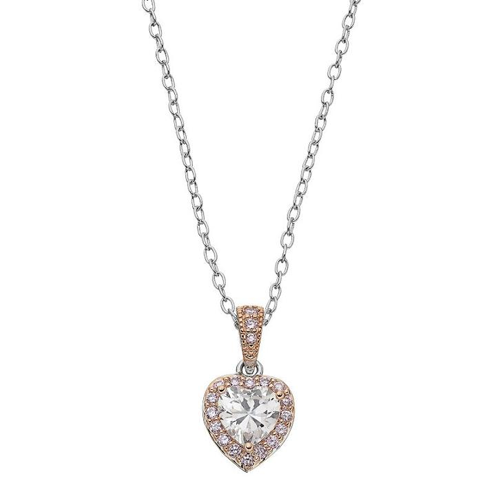 Lily & Lace Pink & White Cubic Zirconia Two Tone Heart Pendant Necklace, Women's
